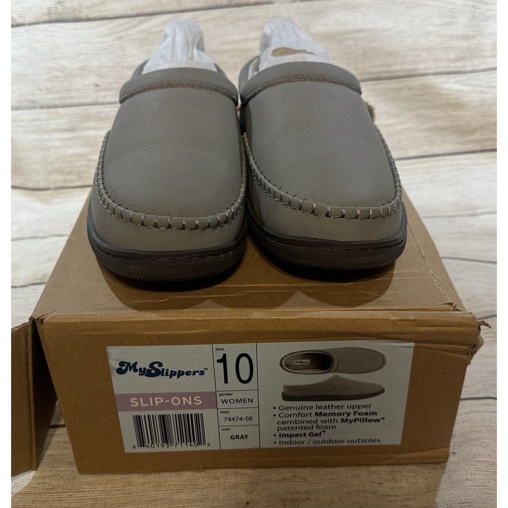 NEW My Slippers Gray Leather Cushioned Slip On Hard Bottom Shoes Sz 10 NIB